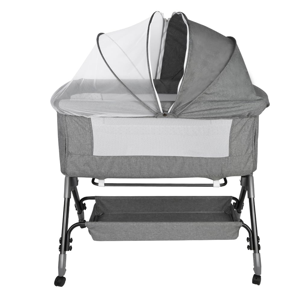 Kedia Babywiege mit Moskitonetz, Babybett & Reisebett mit Rollen, Babybett für Wiegen, höhenverstellbar, Babybetten (104 x 52 x 103 – 115 cm, grau)