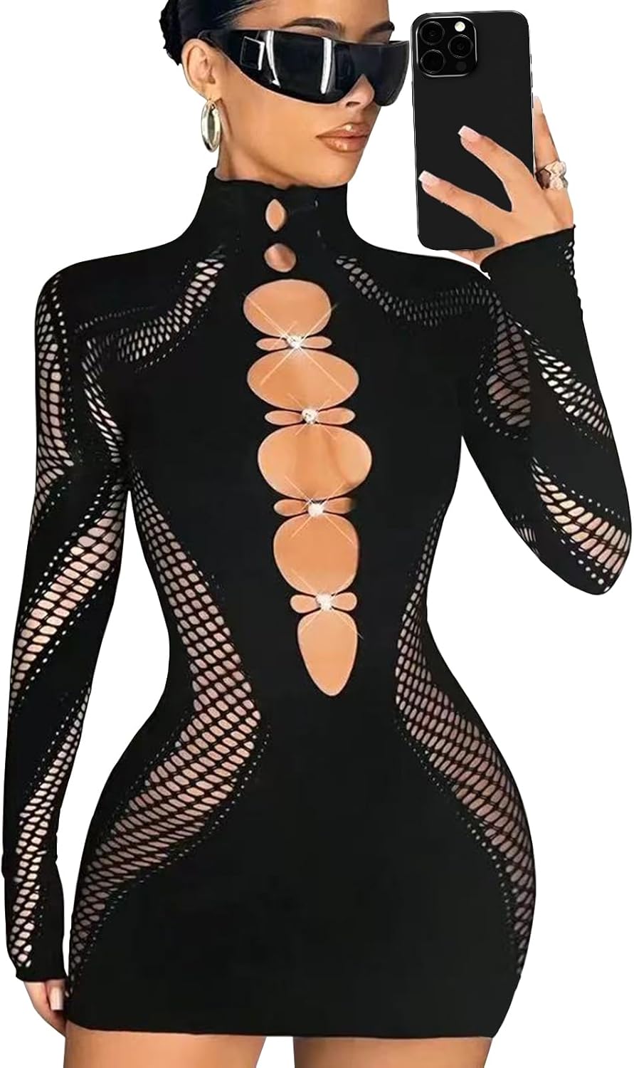 Sexy Long Sleeve Club Outfits for Women, High Neck Bodycon Mini Going Out Hollowed Out Rhinestone Tight Short Dress