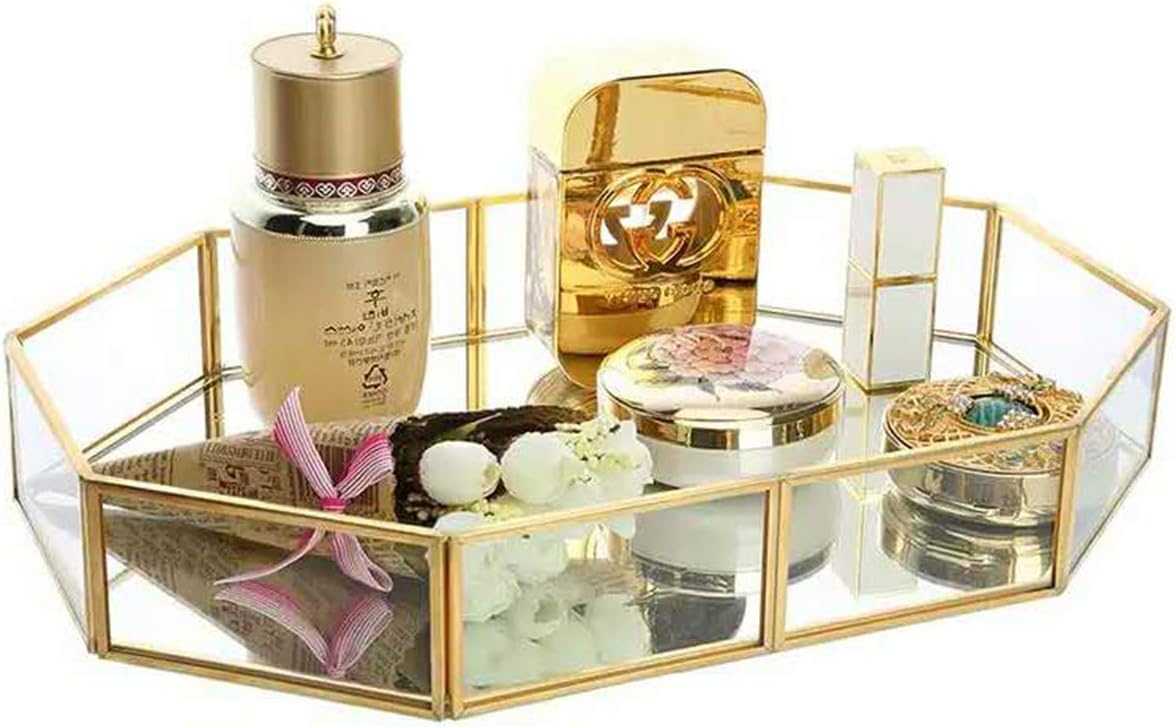 Gold Polygon Decorative Mirror Tray can Hold Perfume, Jewelry, Cosmetics, Makeup, Magazine Trinket and More, Glass Vanity Tray Ornate Serving Tray Organizer for Dresser, Bathroom, Bedroom