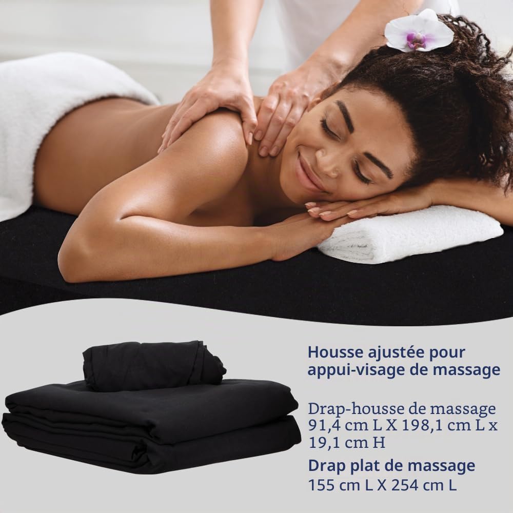 ForPro Parure de lit 3 pièces Microfibre pour Table de Massage, Drap Plat, Drap-Housse, Housse Repose-Visage, Noir