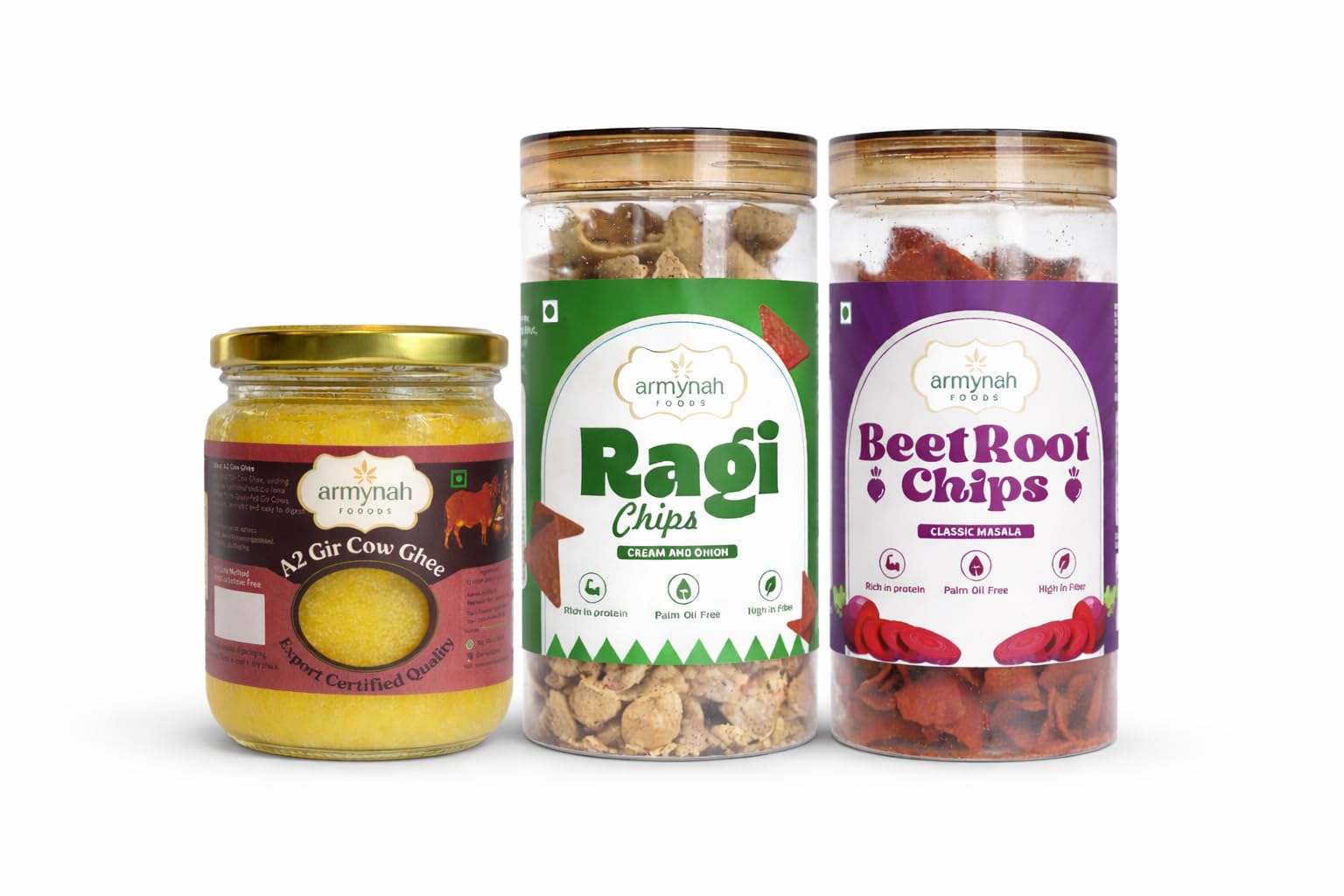 Armynah A2 Ghee & Snack Value Combo with Pure Cow Ghee 250ml, Ragi Chips Cream & Onion, Beetroot Chips Classic Masala, 150g Each, Baked, Pack of 3-image-27