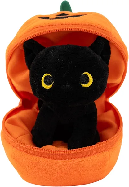 Plushland Halloween Zip-Up Pumpkin Stuffed Animal Plush Toys,Hideaway Spooky Black Cat Bat Ghost Plush Halloween Toy for Festive Decorations & Fun Surprises 6 Inches (Black cat)