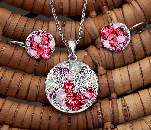 Leafael Ocean Bubble Women's Jewelry Set Made with Swarovski Crystals Opal Pink Ruby Red Costume Fashion Pendant Necklace Earring Set, Silver Tone, 18" + 2", Gifts for Women