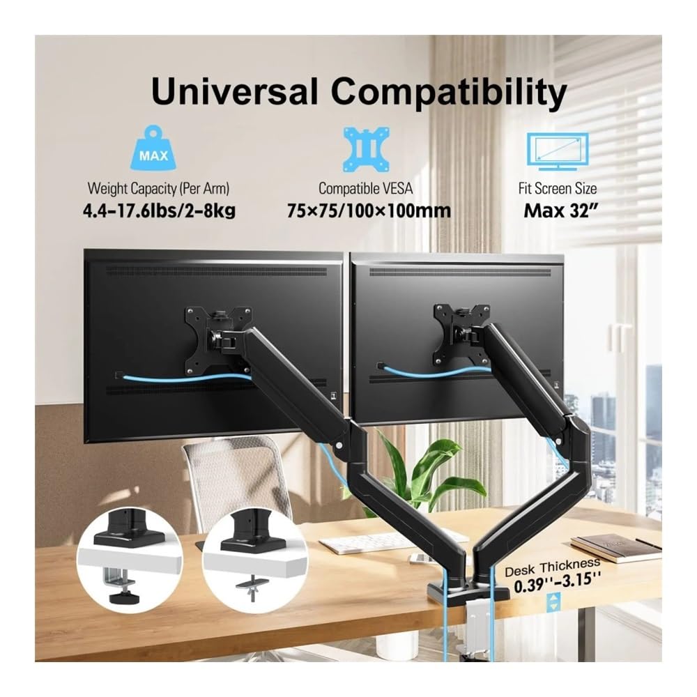 Soporte para monitor, brazo para 2 pantallas, soporte de escritorio para mesa con 2 brazos para pantallas de 13" a 32", compatible con pantallas de 2 a 8 kg, ajuste libre de 360°, accesorios de escri