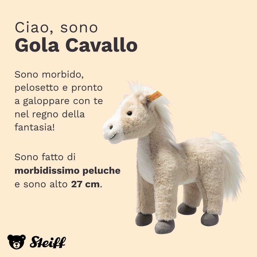 Steiff Peluche Cavallo Gola, dolce animale di stoffa con occhi in plastica per bambini e bambine, Friends, pupazzo di 27 cm, beige, 074318