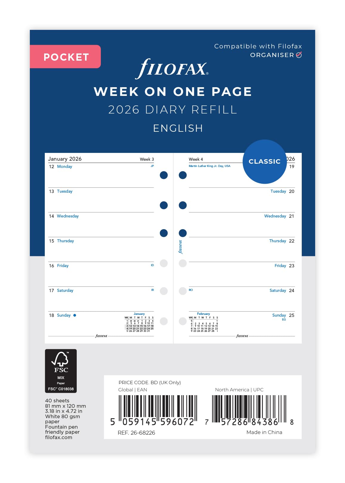 Filofax Pocket week per page English 2026 diary 26-68226, White, 81 x 120