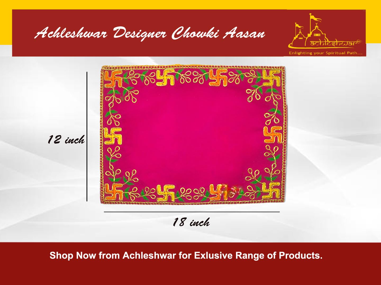 Achleshwar Designer Velvet Embroidered Pooja Aasan Cloth 12x18 inch Pink | Chowki Aasan for God Idol | Mandir Table Altar Cover for Temple, Puja Shelf, Diwali Decoration Pack 0f 1 1