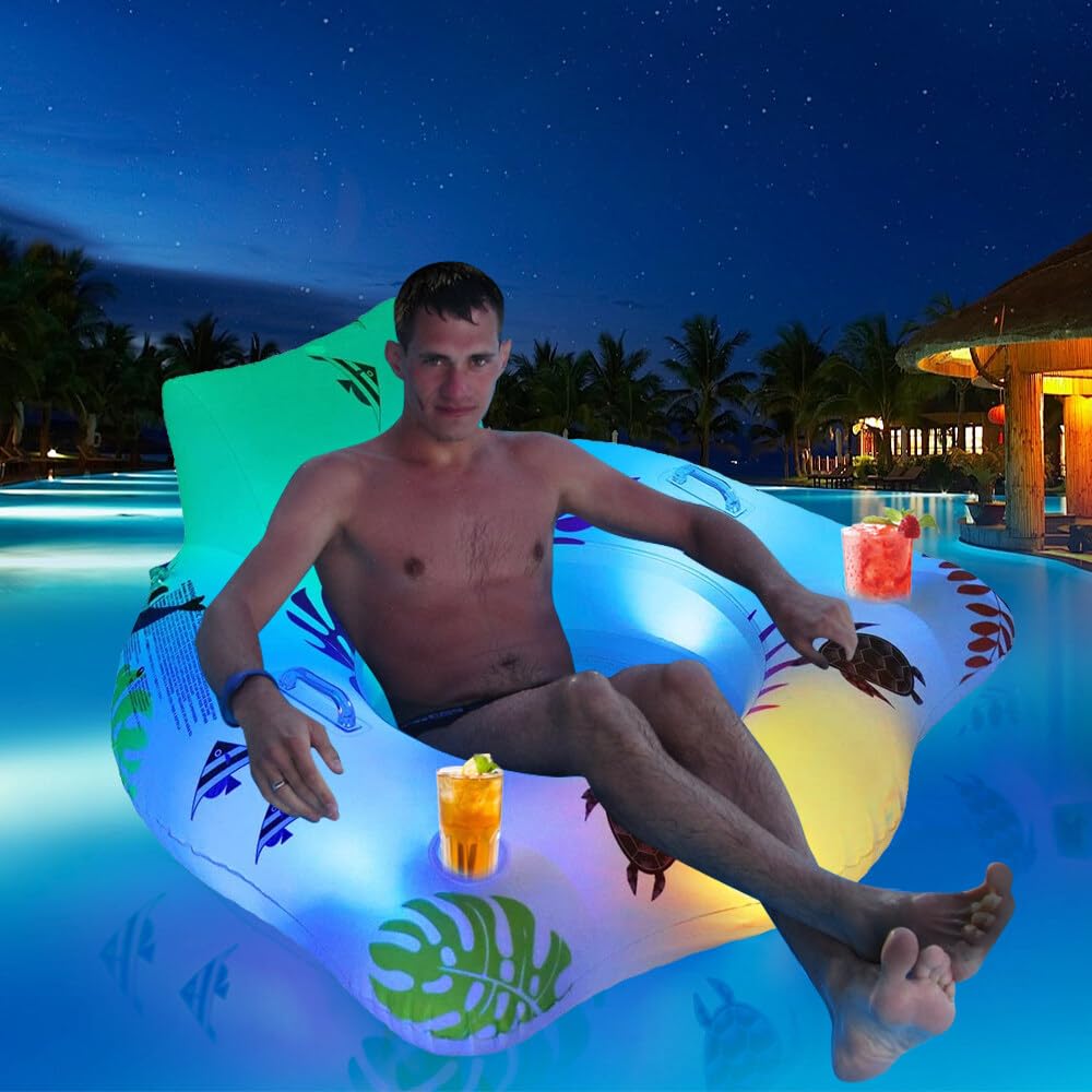 KUWUNG Flotador Piscina Adulto con Luz Que Cambia de Color, Flotador Gigante con Energía Solar con 2 Posavasos y 2 Asas, Sillon Hinchable Piscina, Flotador Silla Hinchable Gigante para Piscina