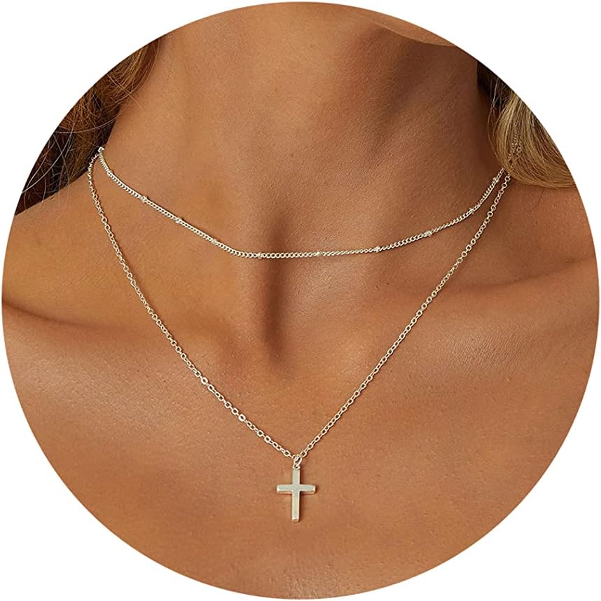 6-layered silver satellite cross necklace