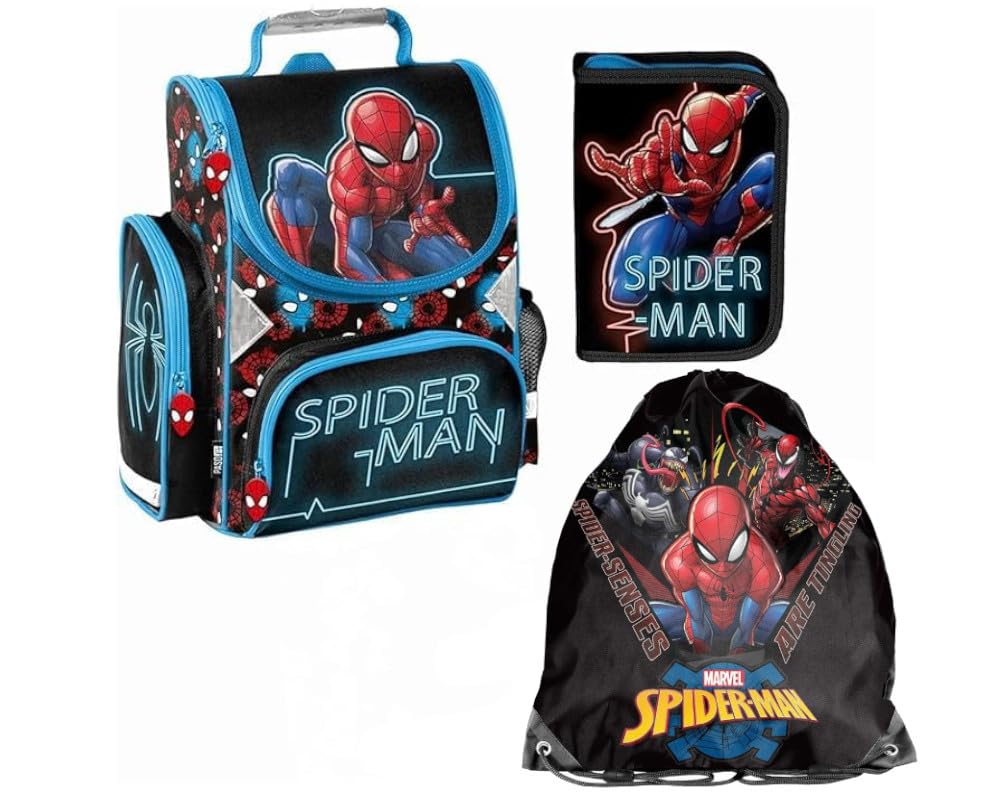PASO - Schulranzen für Jungen und Mädchen, 3er-Set - Schul-Rucksack für Kinder mit Federmäppchen - Schuhbeutel - Marvel Spiderman Motiv - 1-3 Klasse