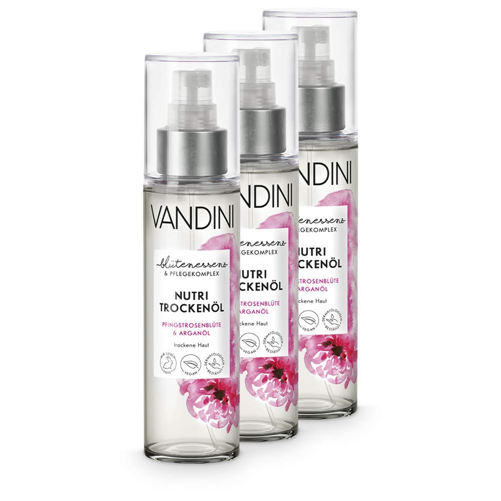 VANDINI Nutri spray de aceite seco con flor de peonía y aceite de argán - aceite corporal para mujeres para pieles secas - aceite corporal vegano sin siliconas, parabenos, aceite mineral (3x 100 ml)