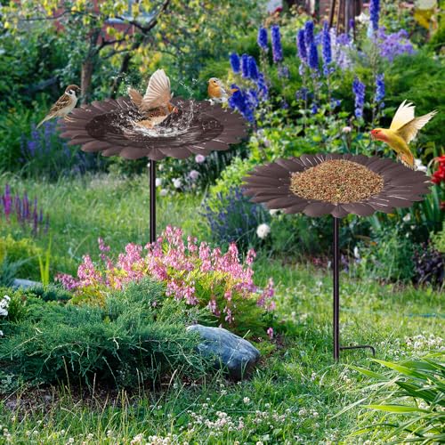 Vogelbad voor tuin, vrijstaande vogelbadkom voor buiten, vrijstaande vogelbaden kom met metalen staak, vogelbad vogelvoederbak, wilde vogelvoederbak, aantrekken van wilde vogels, afneembaar, voor tuin - Afbeelding 6