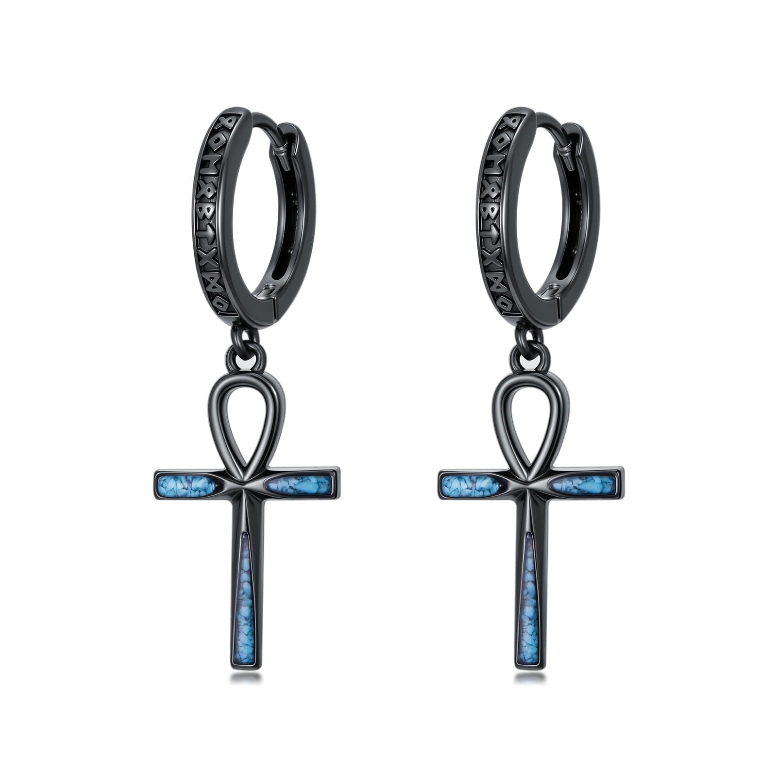 925 Sterling Silber Creolen Herren Damen, Vintage Ohrringe Schwarz mit Türkis Inlay, Hypoallergener Huggie Klappohrstecker Set, Wikinger Punk Gothic Schmuck für Männer Jungen