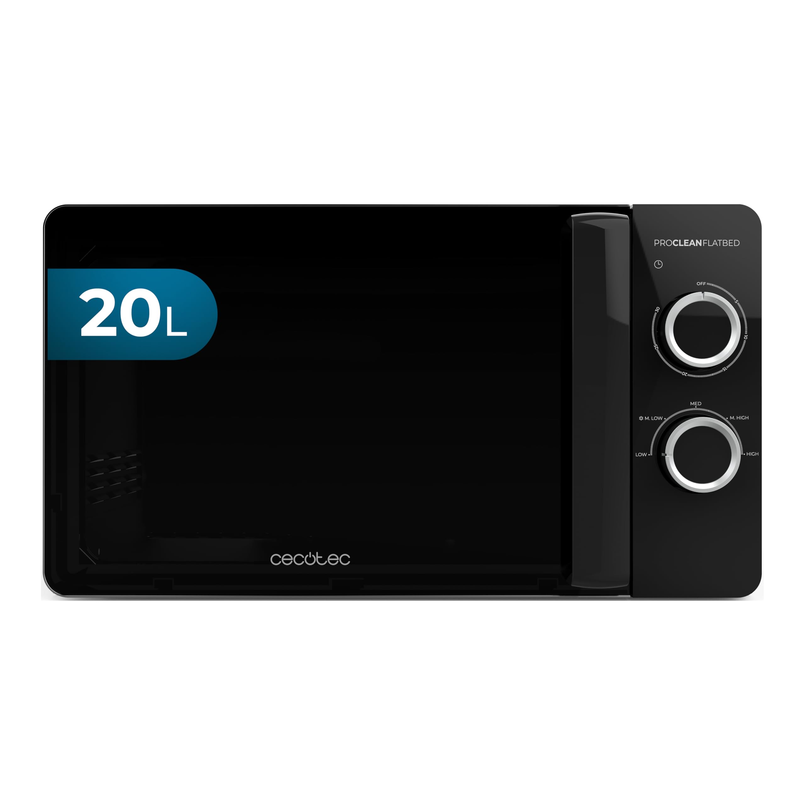 Cecotec Forno a Microonde 20L Proclean 3030 Flatbed. 700W, Design Compatto, Interno Ceramico, Modalità Scongelamento, Timer 30 Min, Tecnologia 3Dwave, Dettagli Fullcrystal