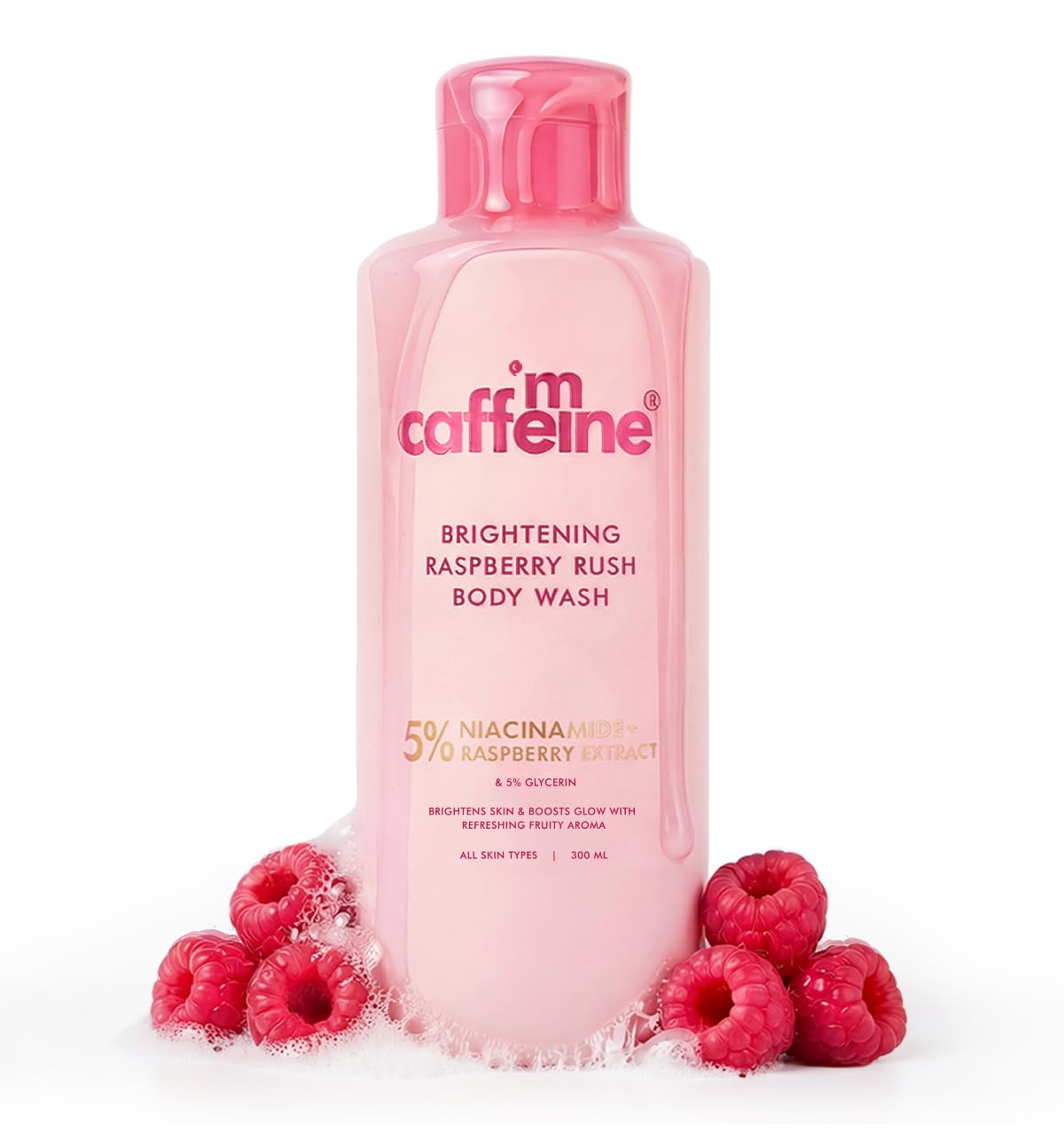 mCaffeine Brightening Body Wash - 300 ml with Fruity Raspberry Fragrance | De-Tans & Deep Cleanses with Vitamin C Rich| 5% Glycerin for Hydrated & Soft Skin | Fragrance Shower Gel for women and men-picture-27
