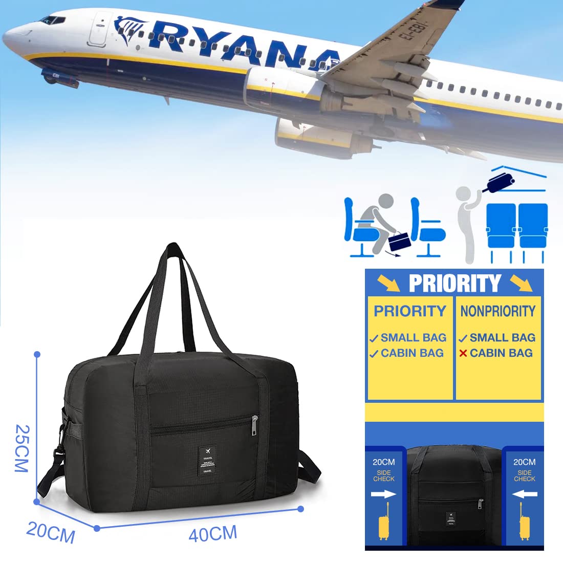 PALAMEA Bagaglio a Mano 40x20x25 Ryanair Borsone da Viaggio Sottosella Pieghevole Borsa da Cabina Aereo Palestra 20L