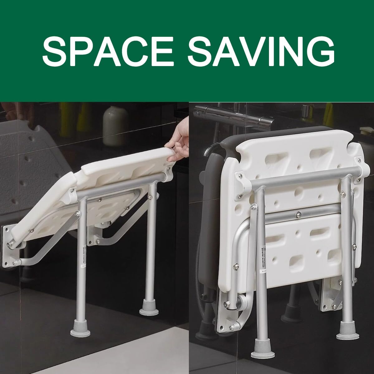 Banco de Ducha Plegable de Pared, Asiento de baño Plegable, Silla de baño atornillable, Taburete con Patas, Orificios de Drenaje y Ranura for Cabezal de Ducha, Blanco, 40 x 38 x 42 cm