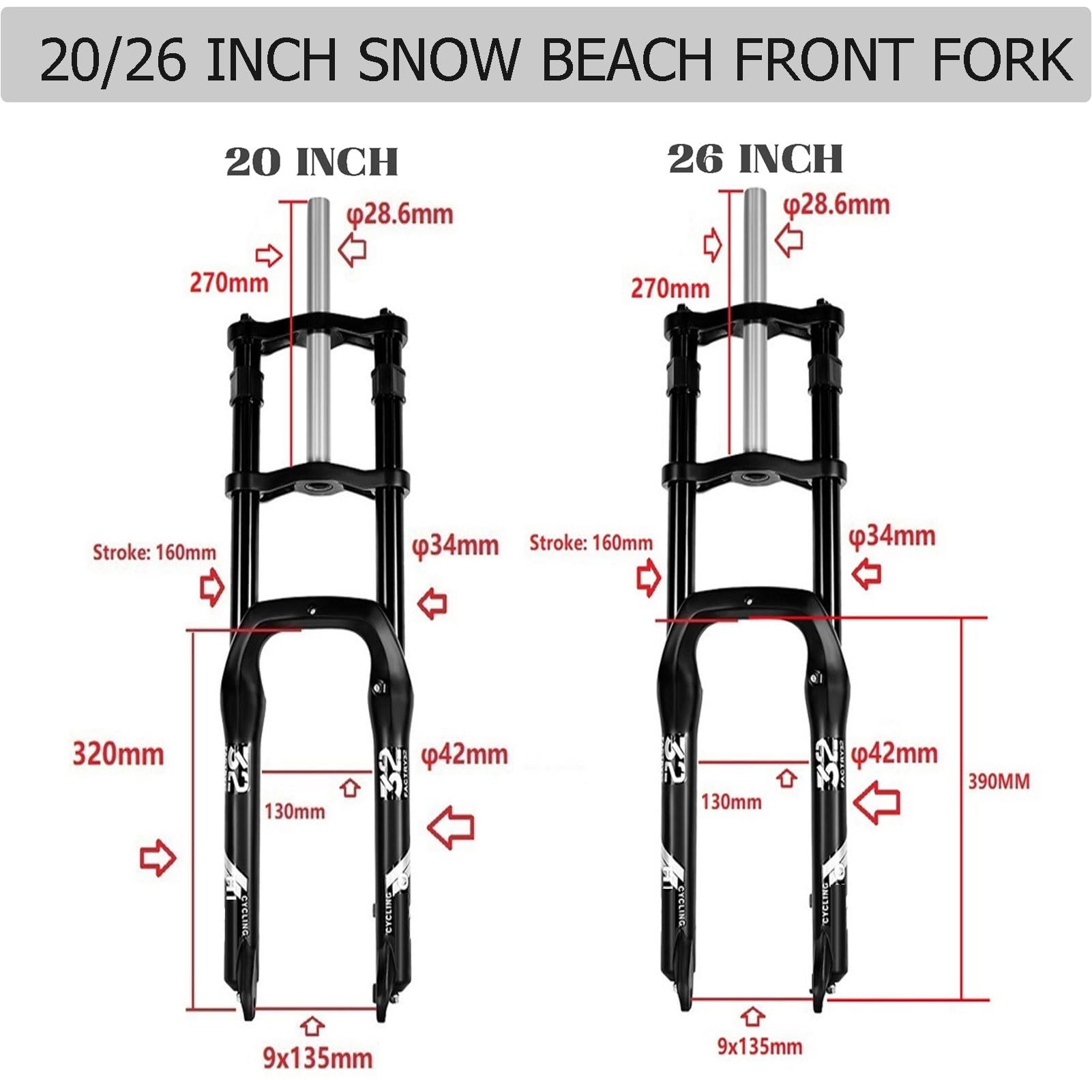 Forcella Bici Elettrica 20 26 Pollici, Doppia Spalla 28,6mm Tubo Dritto Forcella Anteriore for Bicicletta da Spiaggia/Neve Pneumatico da 4,0 Pollici Freno a Disco Escursione 160mm