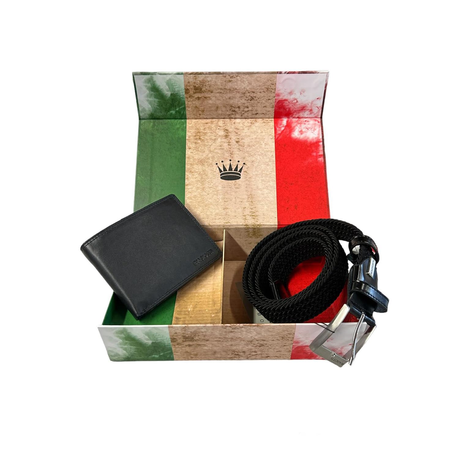 Biagiotti Herren Geschenkset – Leder-Geldbörse und elastischer Gürtel mit Ledereinsätzen, kürzbar
