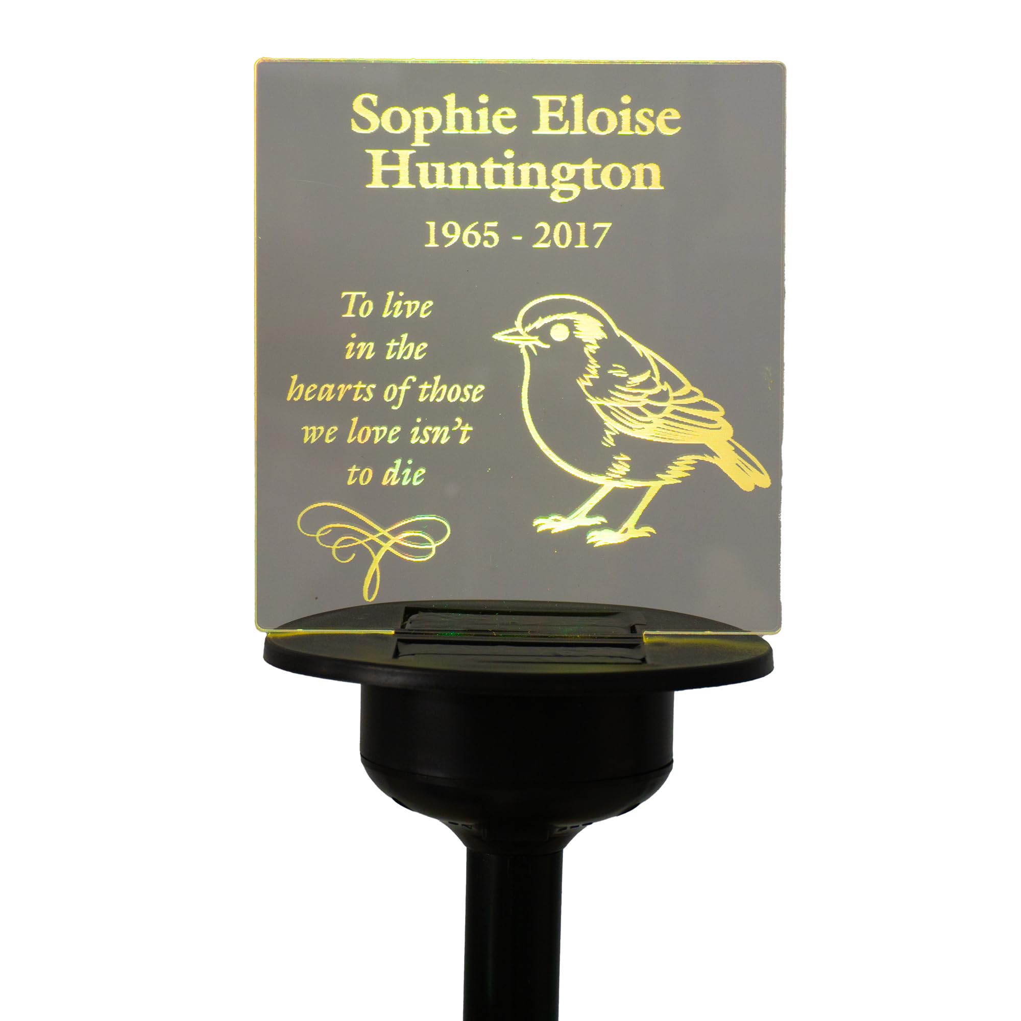 Memory garden name sign condolence gift. Personalised light up LED remembrance plaque. Graveside cemetery marker stake. Solar powered