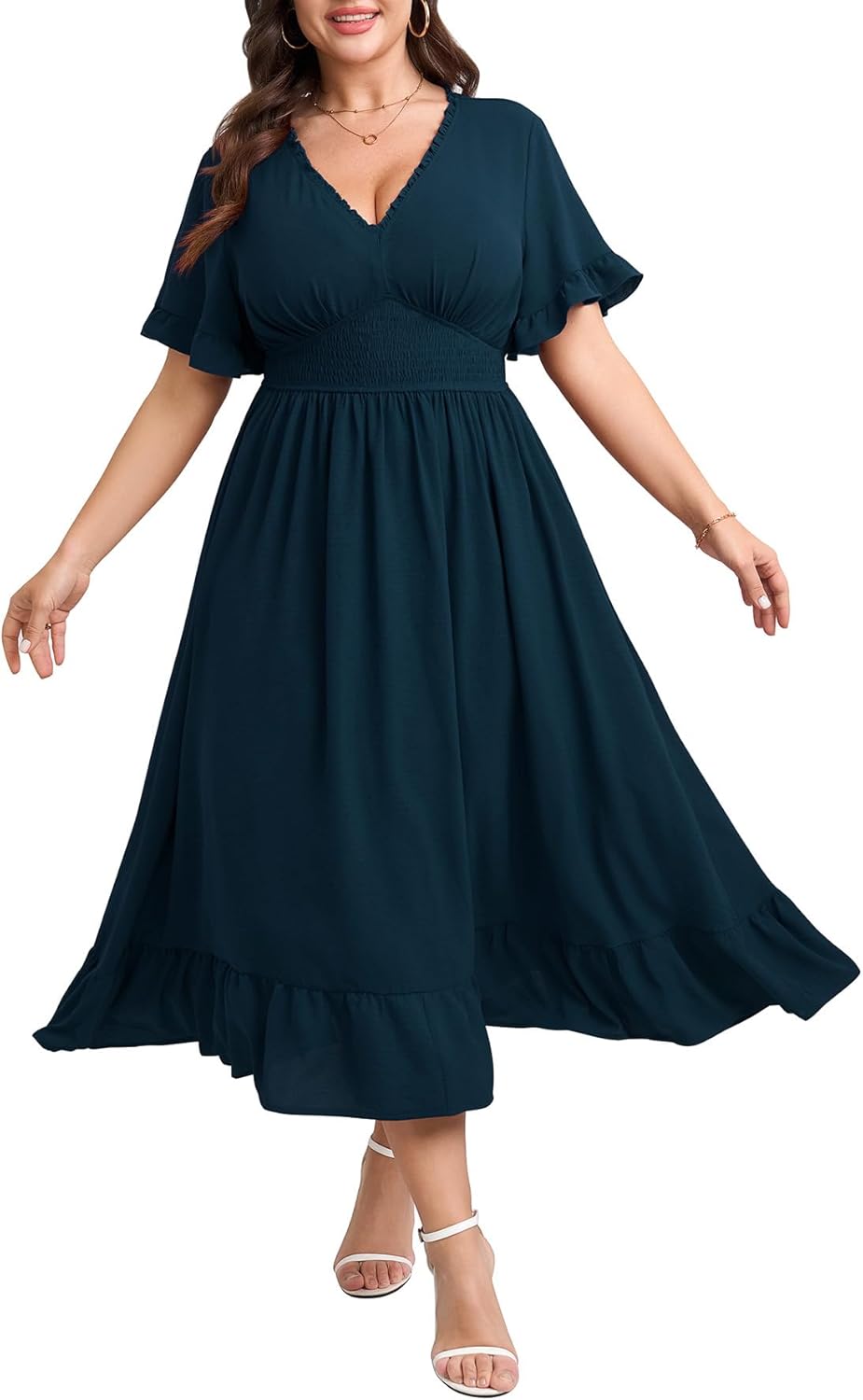 Women Plus Size V Neck Maxi Dress Short Sleeve Smocked Waist Ruffle Hem Flowy Summer Formal Wedding Guest Dresses - Image 4