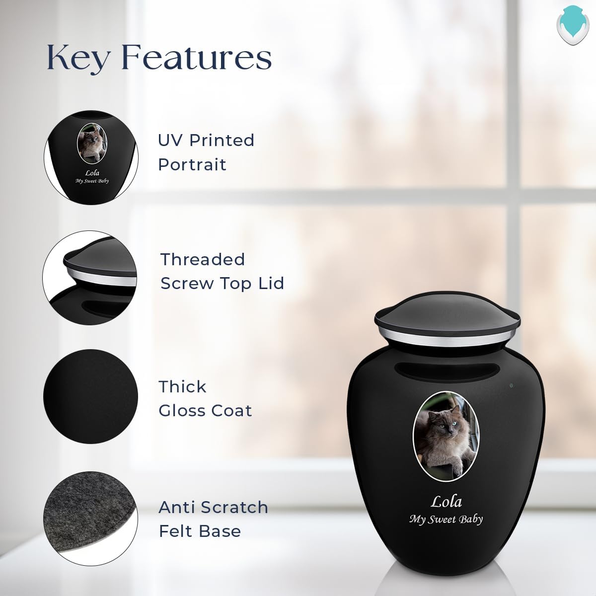 Geturns Embrace Personalized Picture Urn for Small Pets I Black Photo Cremation Urns for Dogs and Cats I 44 lbs