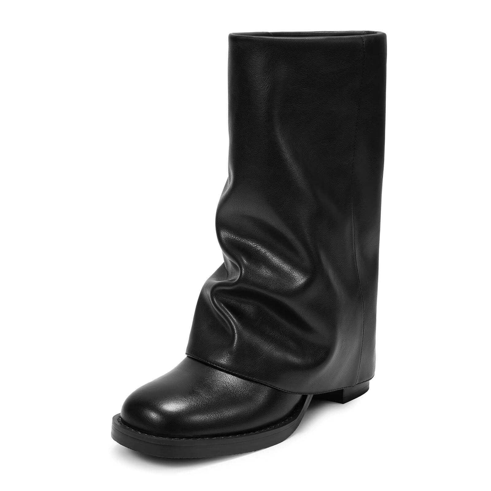 ISNOM Womens Black Boots - Mid Calf Fold Over Chunky High Heel Boots for Women With Side Zipper