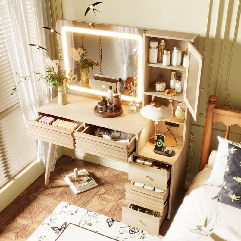 Natural Makeup Vanity Desk with Mirror and Lights, Vanity Table with Drawers and Storage Cabinet and Power Outlet image 2