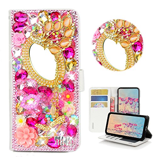 STENES Bling Case Compatible with LG K10 Case - 3D Handmade Crystal Girls Mirror Peacock Pendant Flowers Wallet Credit Card Slots Fold Stand Leather Cover - Pink