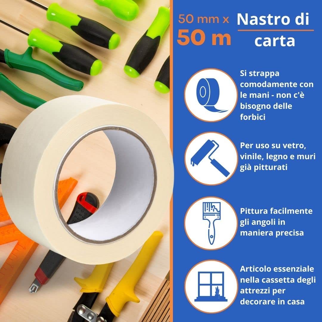 Gocableties - Nastro di carta - 50 mm x 50 m - Per protezione superfici mentre si dipinge - Adesivo privo di solventi - 1 Rotolo
