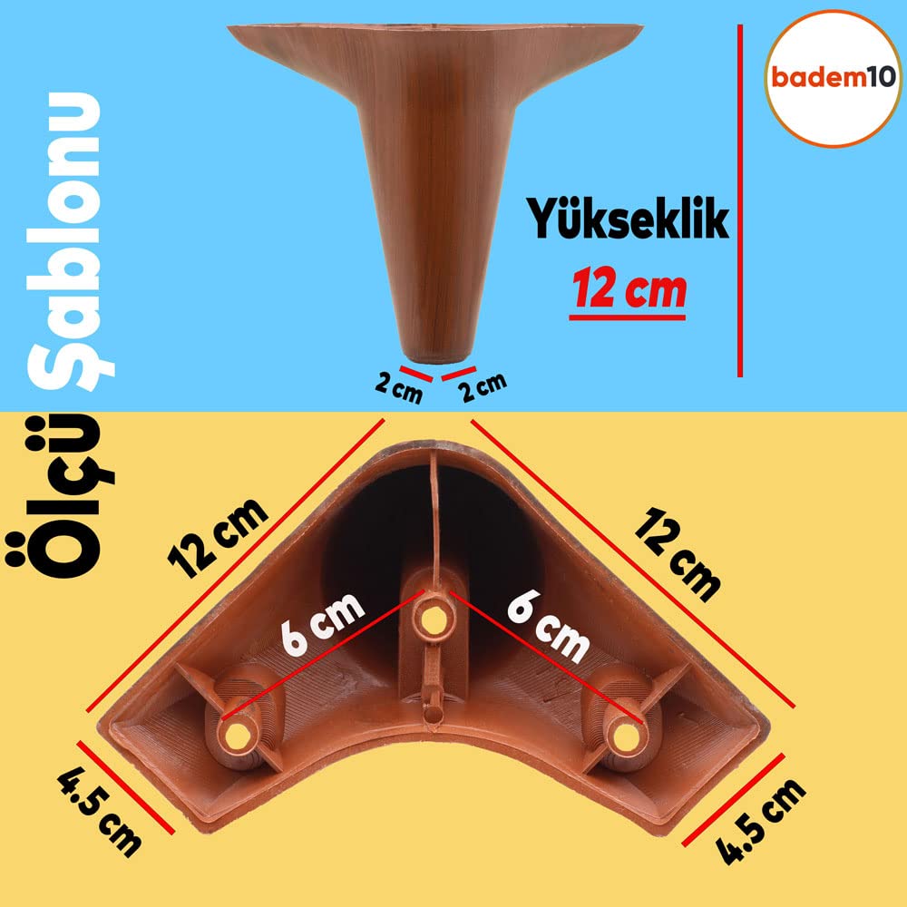 Badem10 Aspen Mobilya Ayağı 12'li Set Robot Süpürge İçin Koltuk Kanepe Destek 12 cm Kahverengi Baza Ayak