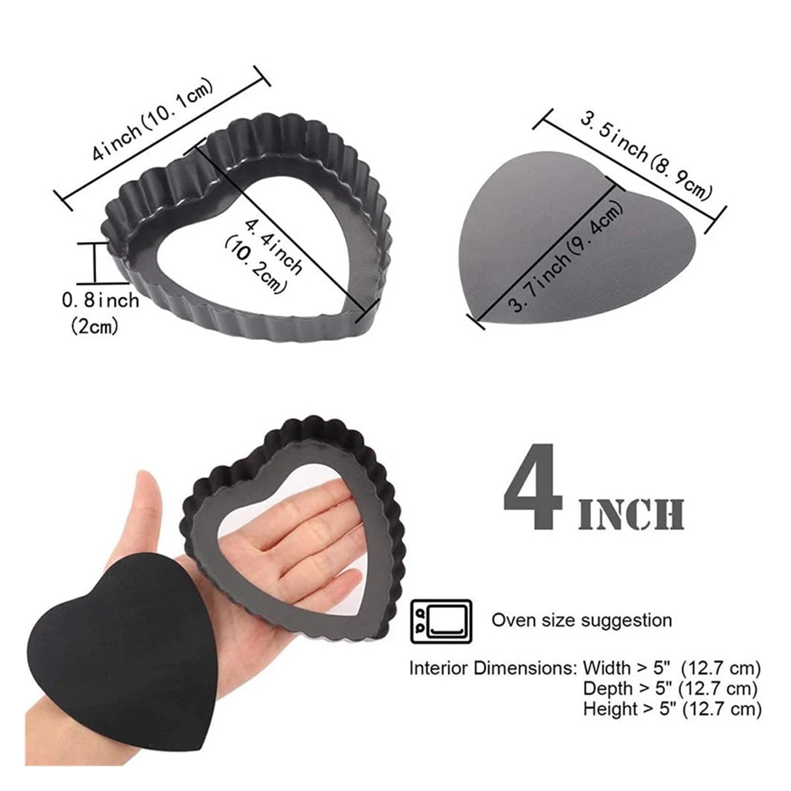 Confezione da 6 teglie da forno a forma di cuore da 4 pollici, teglie antiaderenti in acciaio al carbonio con base rimovibile for quiche e piccole torte