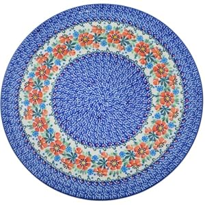 Authentic Polish Pottery Pizza Plate Signature UNIKAT in Orange Blooms Design Handmade in Bolesławiec Poland by Ceramika Artystyczna + Certificate of Authenticity