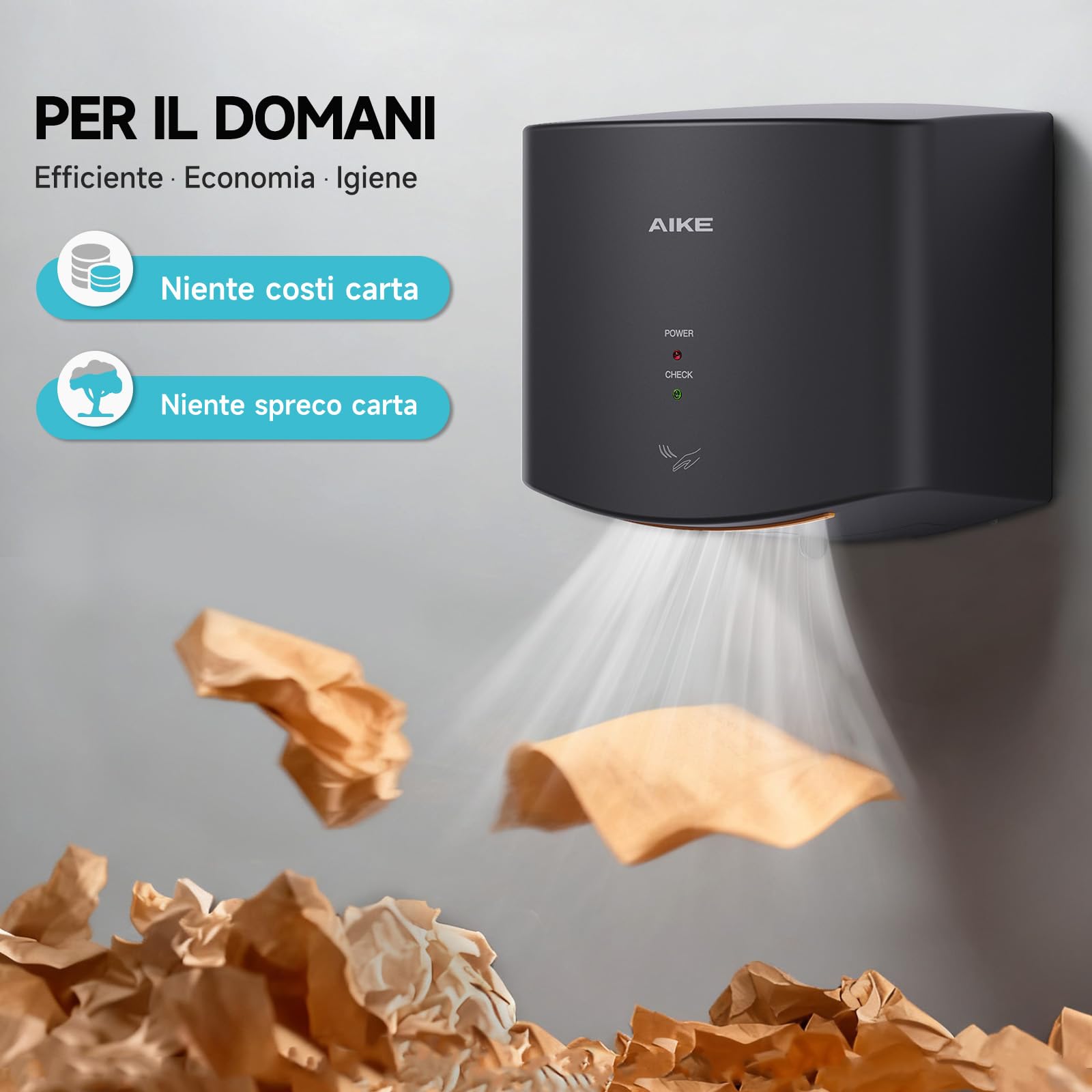 AIKE Air Wiper Asciugamani Compatto, Asciugatura ad Alta velocità, 1400W 220V, Collega e USA, Senza Carta e Senza Contatto per Bagni Pubblici, AK2630S (Nero)