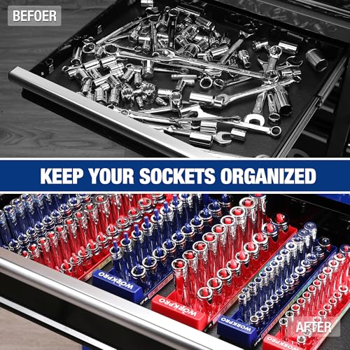 Image of WORKPRO Socket Organizer Set, 8PC Socket Holder, 1 /4 inch, 3 /8 inch, 1 /2 inch Drive Metric & SAE Socket Trays, Impact Socket Organizer for Tool Box Drawer, Socket Storage Holds 176 Pieces (Socket not Included)