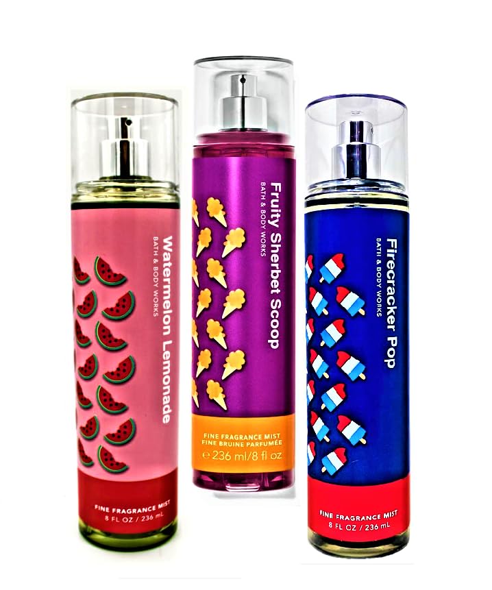 Bath & Body Works Fine Fragrance Mist Trio Gift Set , Firecracker Pop , Fruity Sherbet Scoop, Watermelon Lemonade, 8 fl oz each