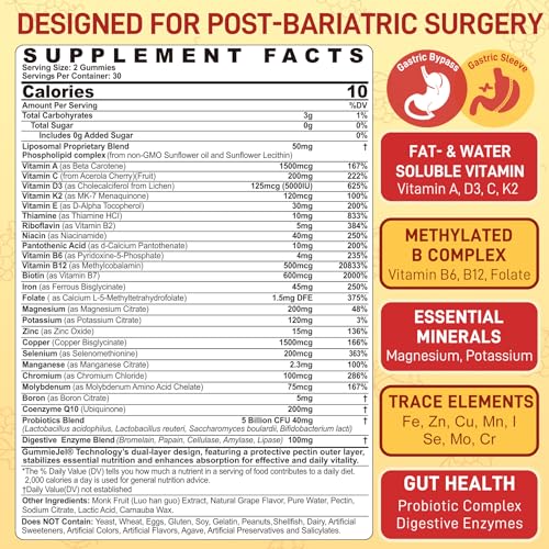 Image of Liposomal Methylated Bariatric Multivitamin Gummies with Iron for Women & Men, High Absorption Multivitamin w /CoQ 10, Probiotic, Digestive Enzymes Support Gastric Bypass & Sleeve Recover, Energy,1Pack