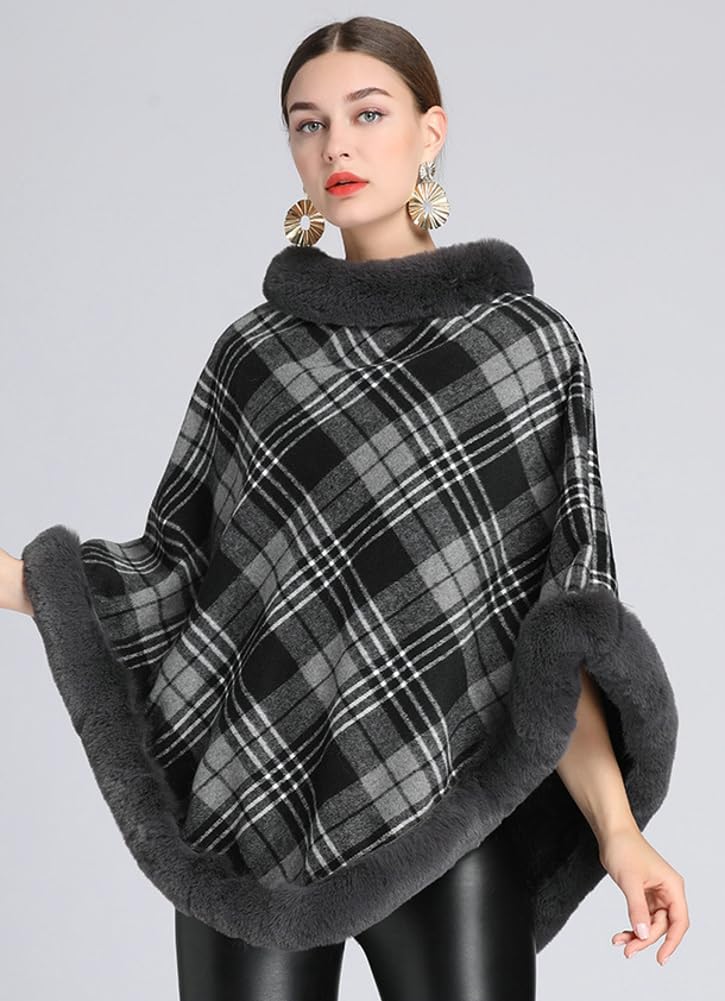 Poncho da donna mantello plaid pullover mantello spesso in pelliccia sintetica scialle avvolgente manica a pipistrello maglione invernale di lana