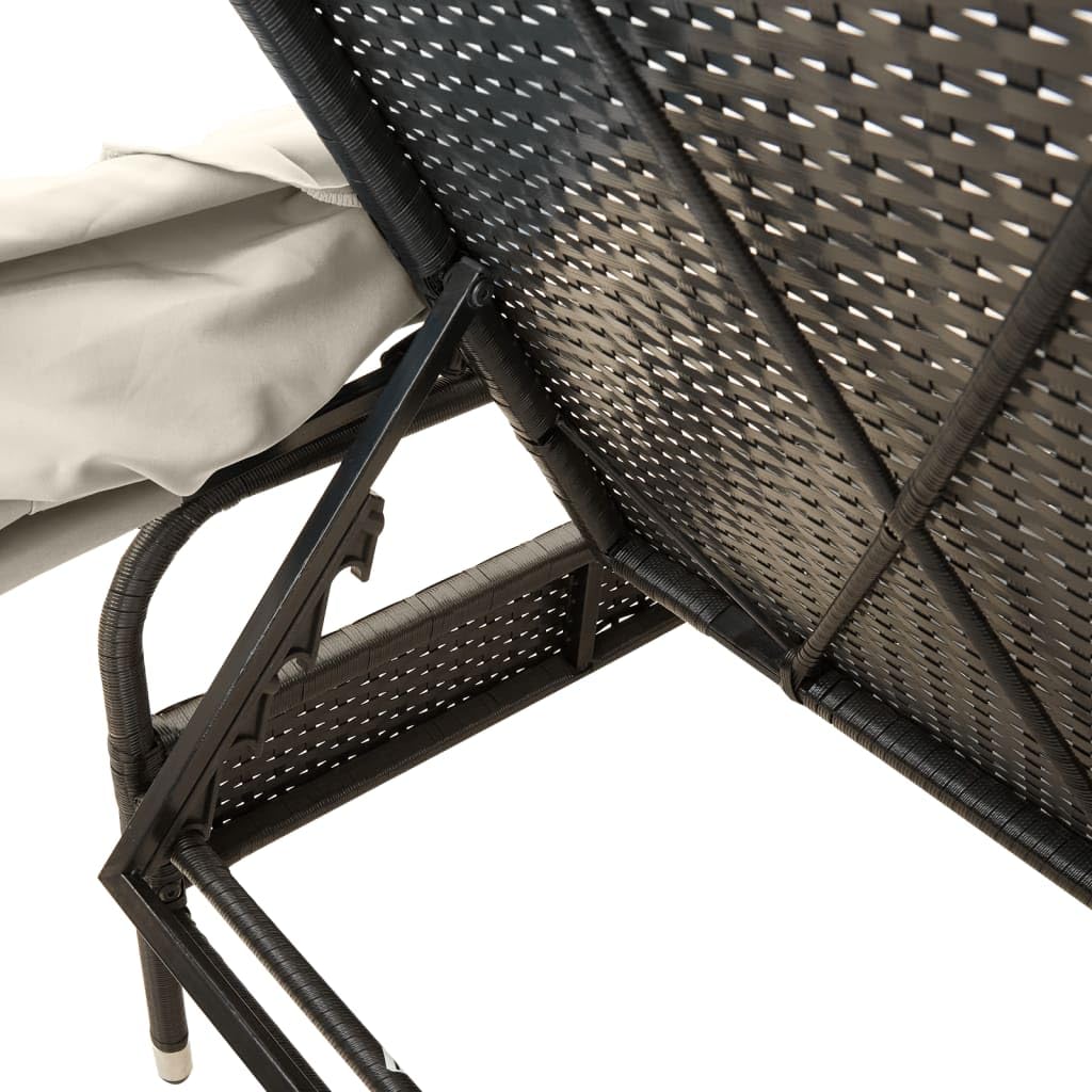 Lettino prendisole con tettuccio parasole estensibile, nero, in rattan sintetico, schienale regolabile in 4 posizioni, cuscino imbottito spesso con rivestimento rimovibile e lavabile
