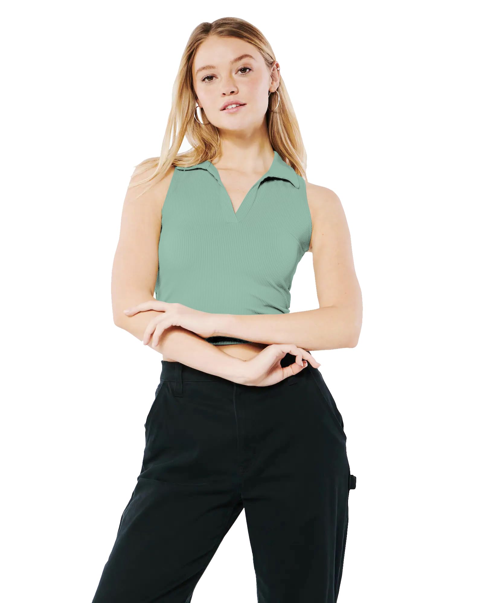 Sugathari Damskie i dziewczęce solidne prążkowane wycięcie w kształcie litery V, bez rękawów, Crop Tops dla kobiet (Top 49)