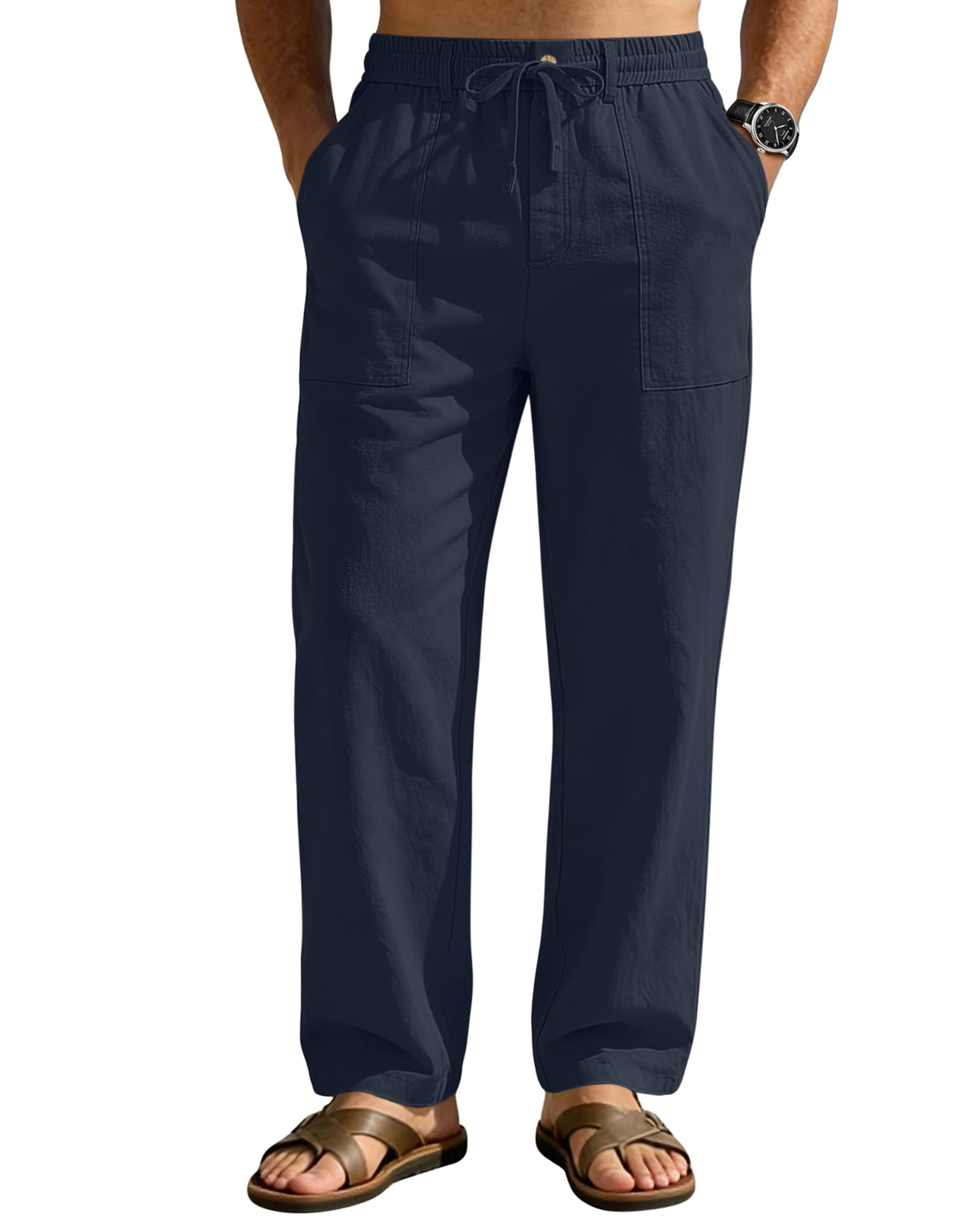 Photo 1 of DOWMQ Mens Linen Pants Casual Elastic Waist Drawstring Pants Loose Straight Linen Pant Beach Trousers with 4 Pockets Navy Blue, 2XL