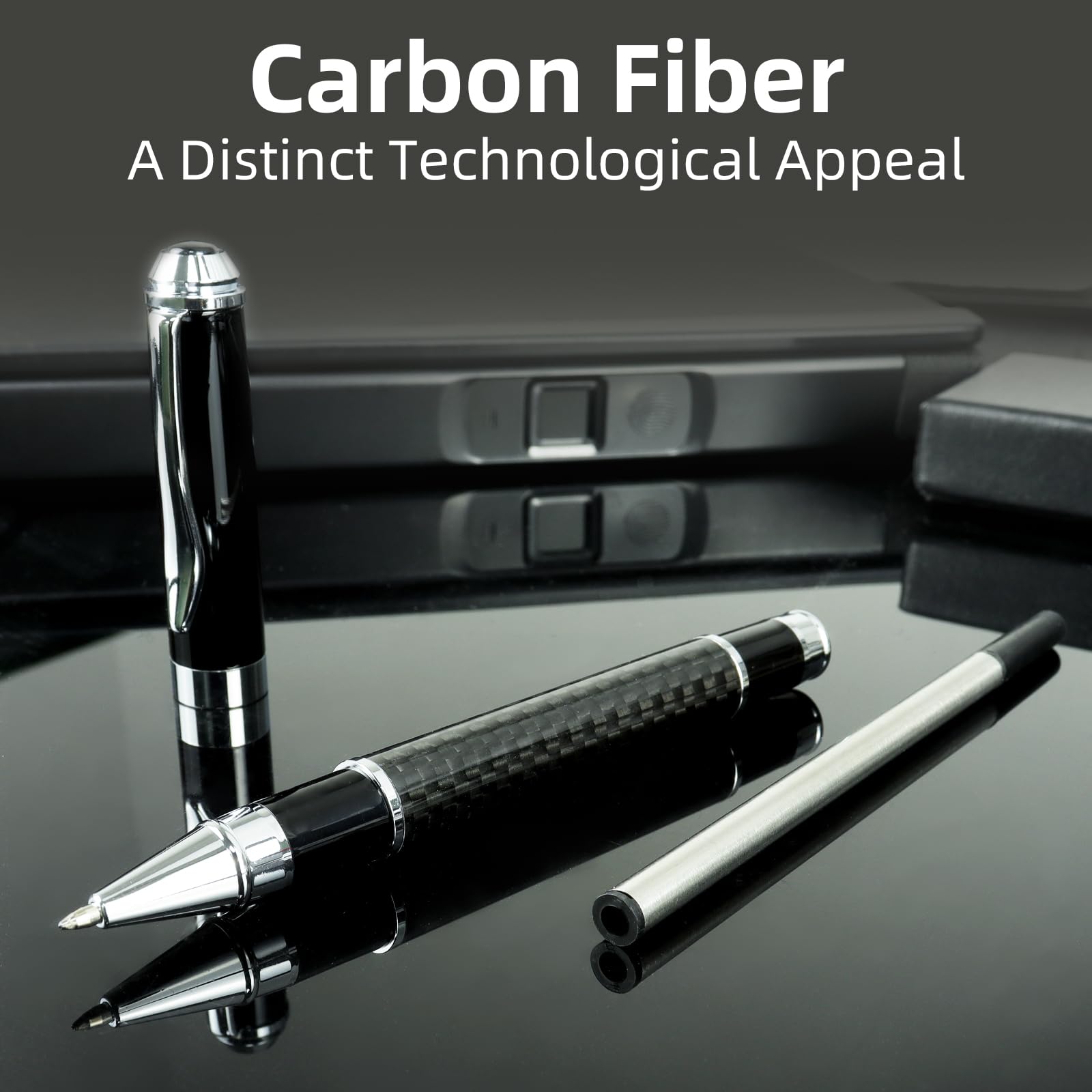 YUNCHUN 1PC Carbon Fiber Liquid Gel Ink Rollerball Pen, Luxury Medium Point Black Ink Pen with 1 Extra Refill - Image 2