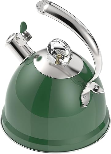 Harriet Estufa de tetera de acero inoxidable de 2.5 cuartos de galón, base de 3 capas, mango ergonómico único, incluye soporte para olla y alfombra,