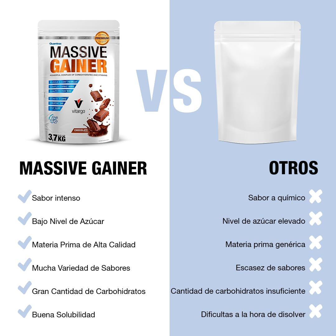 Quamtrax Nutrition - Massive Gainer Premium (Ganador de Masa Muscular) - 3,7 kg - Sabor Chocolate - Ganancia muscular, alto contenido calórico y recuperación