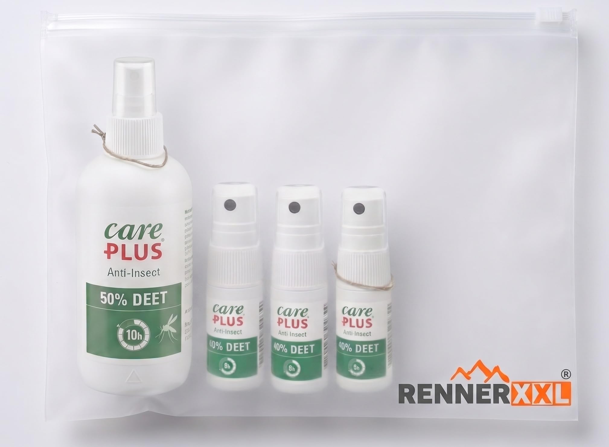Care Plus DEET Mückenspray Set – 200 ml 50% + 3x Reise Spray 40% – Mücken- & Zeckenschutz – Insektenspray für Reisen, Tropen, Camping & Outdoor