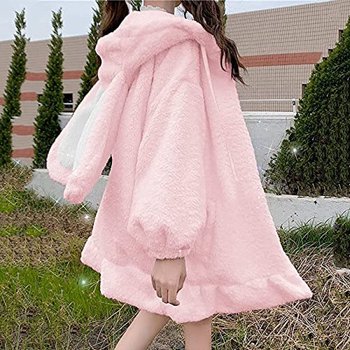 Cute Kawaii Bunny Hoodie Jacket Coats for Women Fashion Japanese Fuzzy Fluffy Rabbit Hooded Sweatshirt Outwear (Pink, S)2