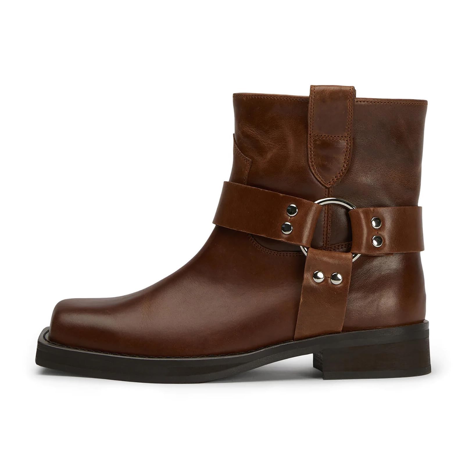 FIFSY Squared Toe Ankle Boots For Women Biker Motorcycle Riding Boots With Buckles Womens Mid Claf Slip On