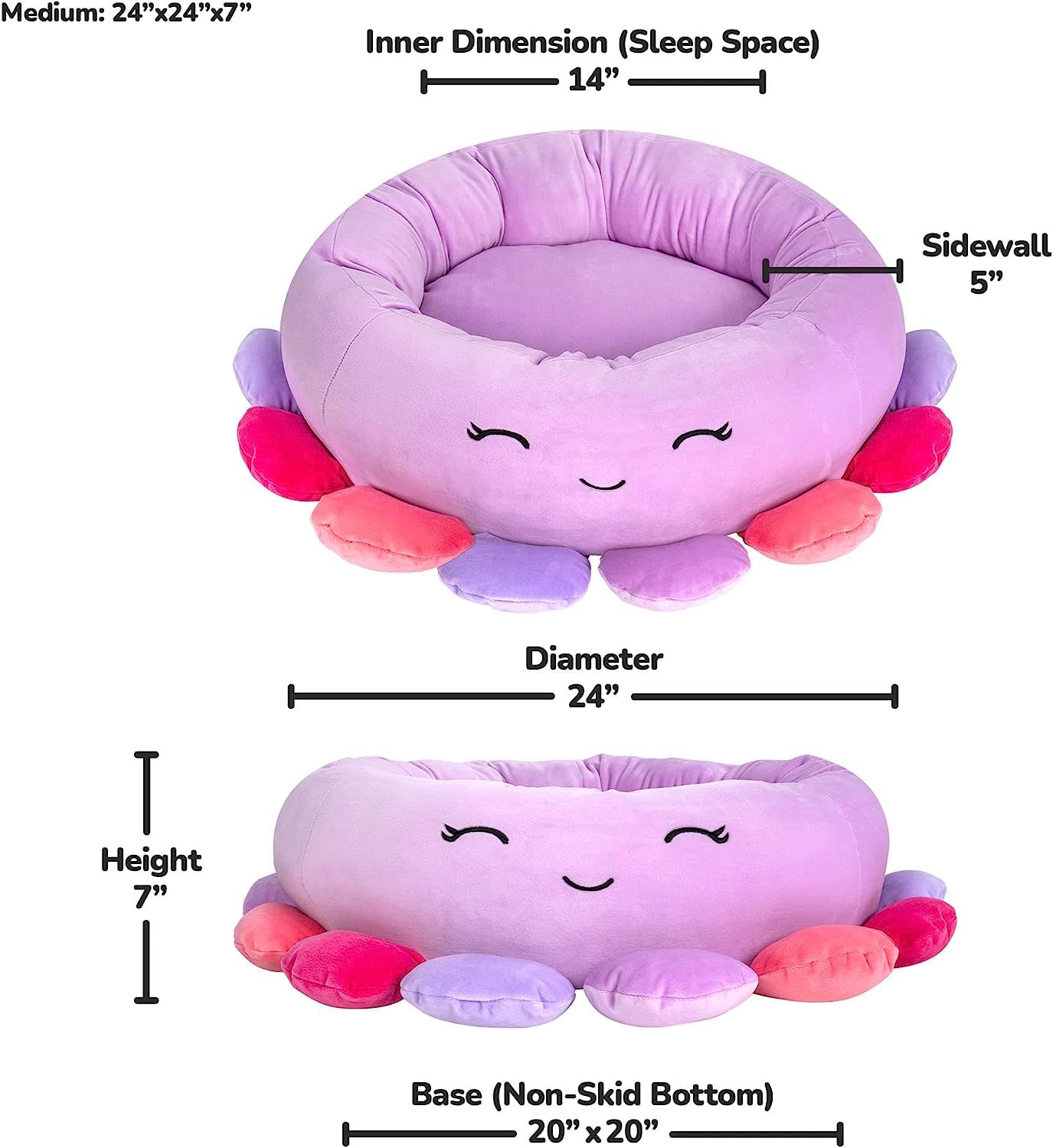 Squishmallows Oficjalne 61-centymetrowe legowisko dla zwierząt Beula Octopus - średnie Ultrasoft oficjalne pluszowe legowisko dla zwierząt domowych, fioletowe