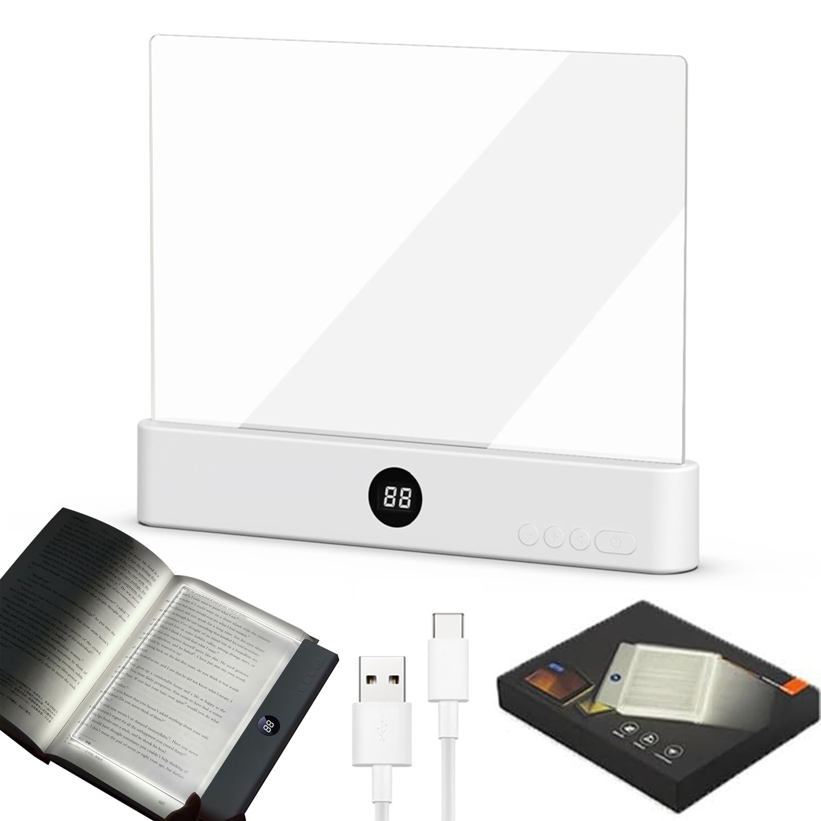 Smart LED Book Light, Rechargeable LED Clear Full Page Reading Light with 3 Colors Timer, Dimmable Clear Flat Reading Light, Student Reading Lamp Book Light Gifts for Readers Women Men (Black)