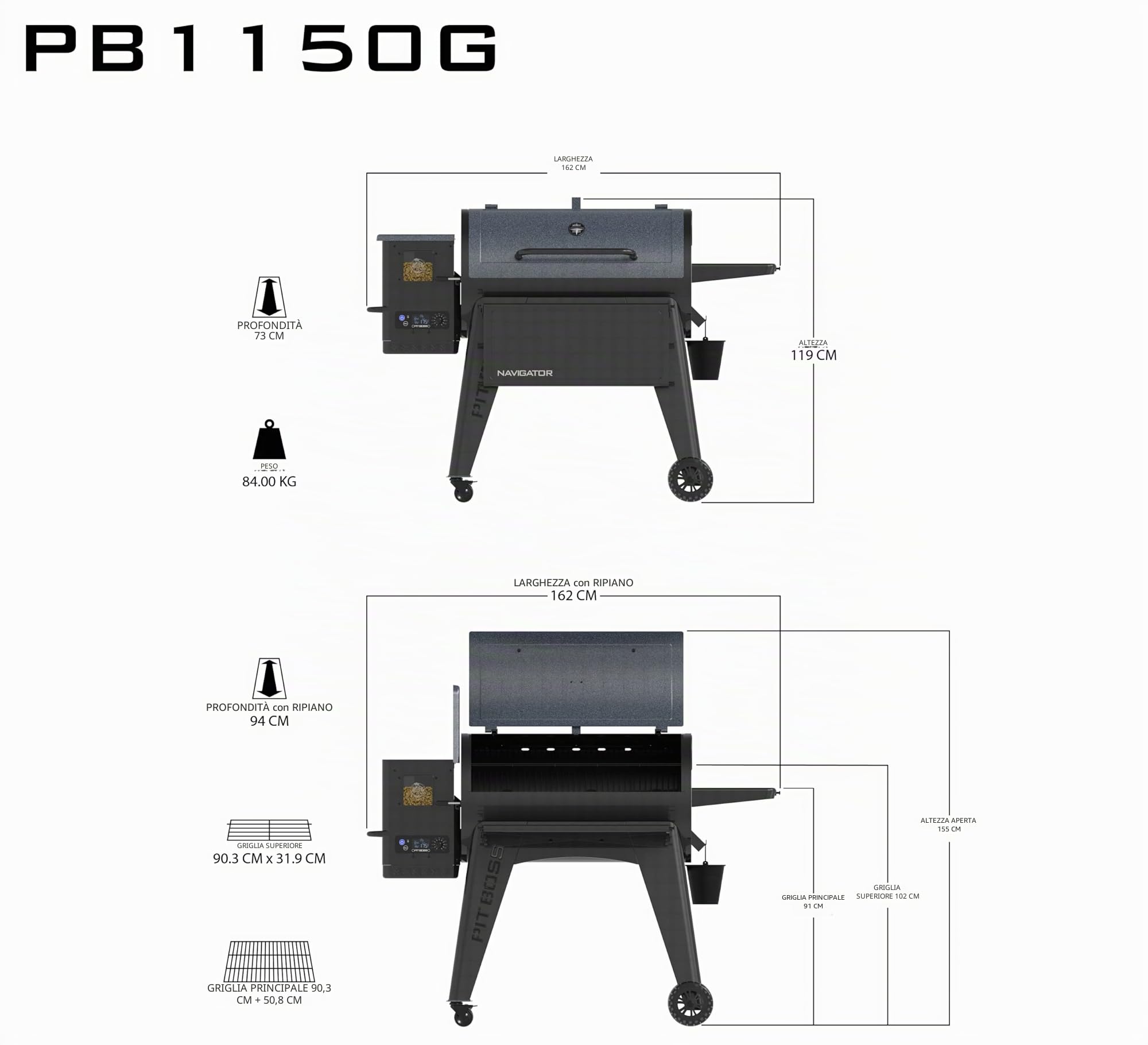 Pit Boss Navigator 1150 - Barbecue a pellet, nero, in acciaio, dimensioni: 162 x 94 x 119 cm, con schermo digitale